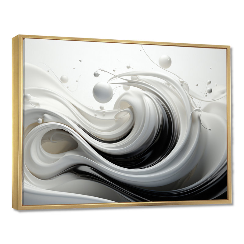 Liquide «Bliss» tourbillonnant noir et blanc I - spirales abstraites, décoration murale, Toile encadrée flottante dorée