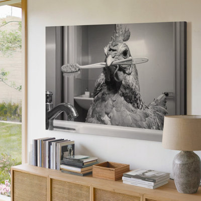A Black And White Image Of A Chicken Holding A Toothbrush And Brushing Its Beak In A Canvas Wall Art Premium Quality Ready To Hang