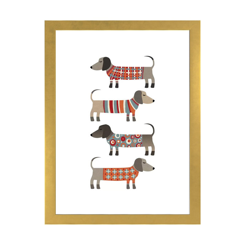 «Sausage Dogs in Pulls» par Nic Squirrell - impression, H 32 po x l 24 po x P 1 po, Papier encadré doré, Blanc
