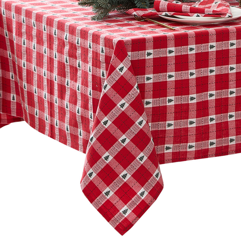 Red and Ivory Cotton Plaid Rectangular Winter Tablecloth, 60"x102"