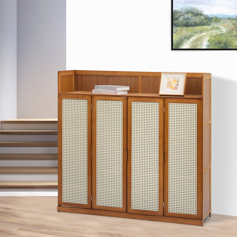Bamboo 7-Tier Shoe Cabinet With Foldable Rattan Doors 30-Pair Storage Organizer & Boot Compartments