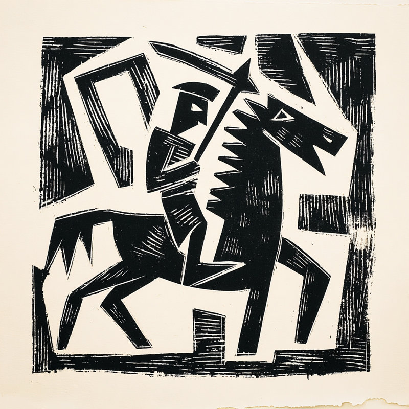 Cheval et cavalier, étude monochrome sur toile tendue, 30"W x 30"H x 1.5"D