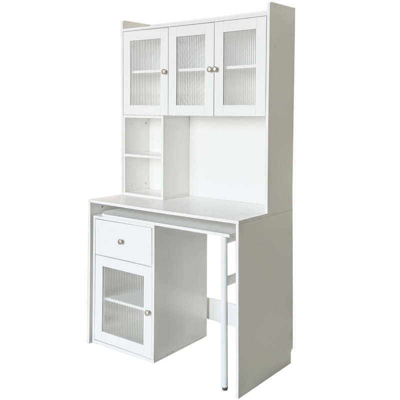 Bureau d'ordinateur avec bureau rotatif à 90 degrés, 3 portes en verre, bibliothèque et huche pour l'espace de travail, Blanc