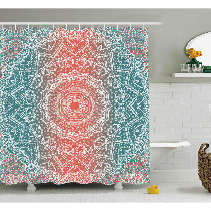 Rideau de douche Cormac Mandala, H 69 po x l 105 po, Bleu sarcelle / Corail