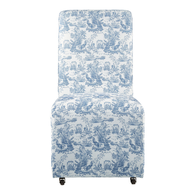 Chaise d'appoint rembourrée Colette avec roulettes, Toile de Jouy bleu clair et blanc