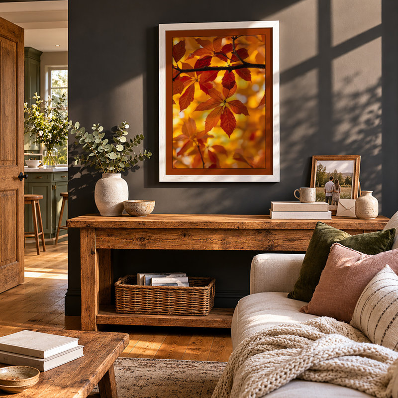 Autumn Light Through Leaves Botanical - Framed Print, A3 - 42.0 x 29.7 cm, Black