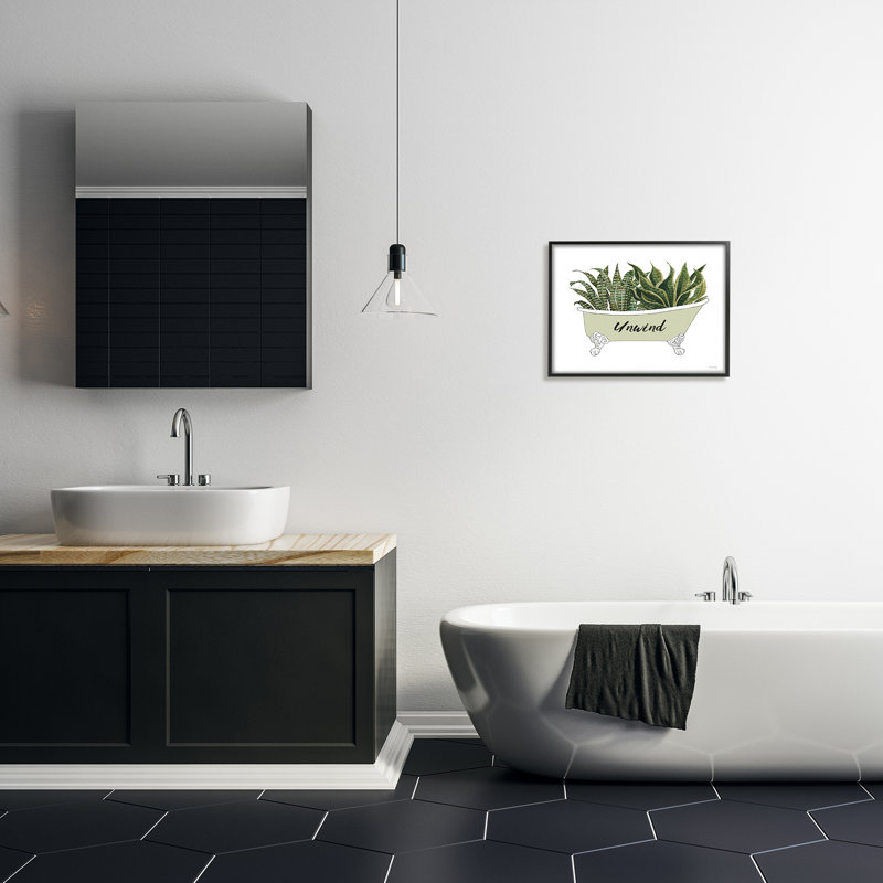 «Snake Plant in Tub Unwind Bath» par Cindy Jacobs - cadre flottant, impression sur toile, Giclée encadrée noir minuit