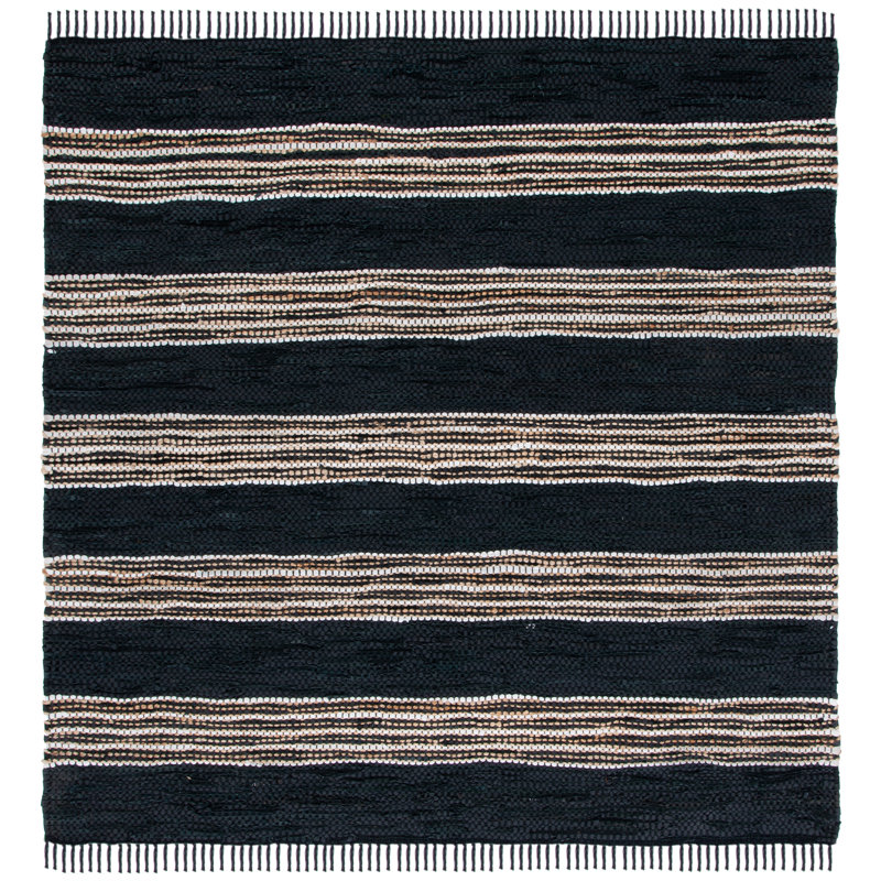 Pecatonica Vintage Leather Hand Woven Leather/Jute/Cotton Striped Rug in Black/Beige, Square 6'