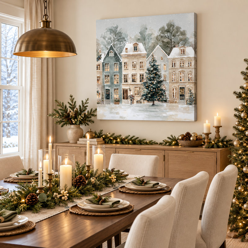 Tableau sur toile tendue représentant un village de Noël enneigé et un sapin., 40 po x 40 po
