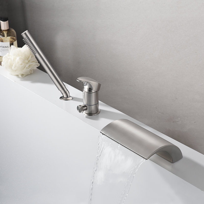 Waterfall Tub Faucet, Deck mount Bathtub Faucet with Handheld Shower, Brushed Nickel