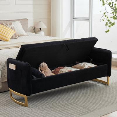 66"W Modern Velvet Tufted Storage Bench with Gold Legs and Two Pillows