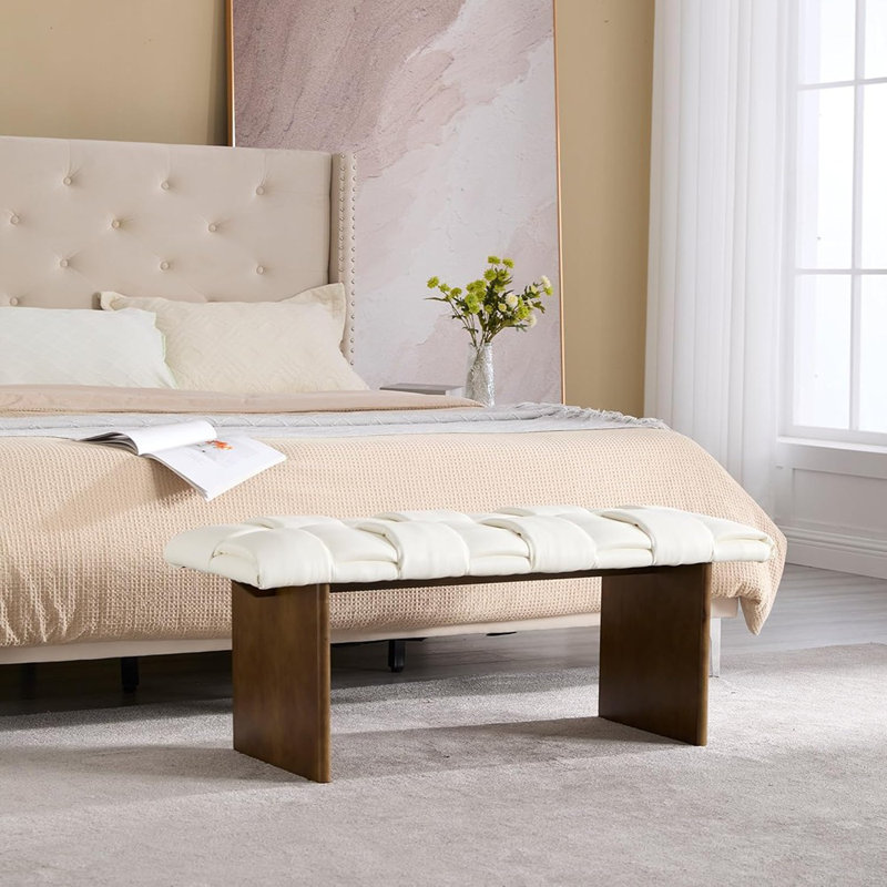 Banc d'entrée 45,75 "avec repose-pieds, banc de salle à manger rembourré en similicuir tissé avec pieds en bois