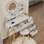 Round Mirror Bedside Cabinet Vanity Table + Cushioned Stool,With 2 AC Power + 2 USB Socket,17" Diameter LED Mirror,Touch Control,3-colour,Brightness Adjustable,Large Desktop,Multi-layer Storage