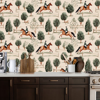 Papier peint pelez et collez Cavaliers équestres Chevaux, feuillage, tons terreux doux, papier contact de ferme amovible, adhésif mural, pour armoires de cuisine de chambre à coucher, 24 po x 118 po