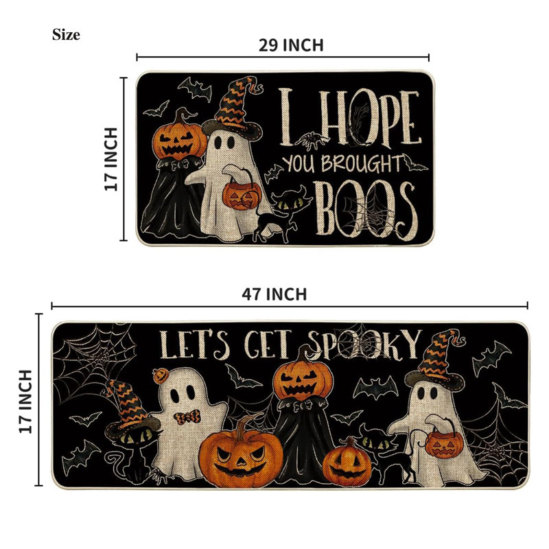 Ensemble de 2 tapis de cuisine Halloween, chat noir citrouille, 17 x 29 + 17 x 47, Black