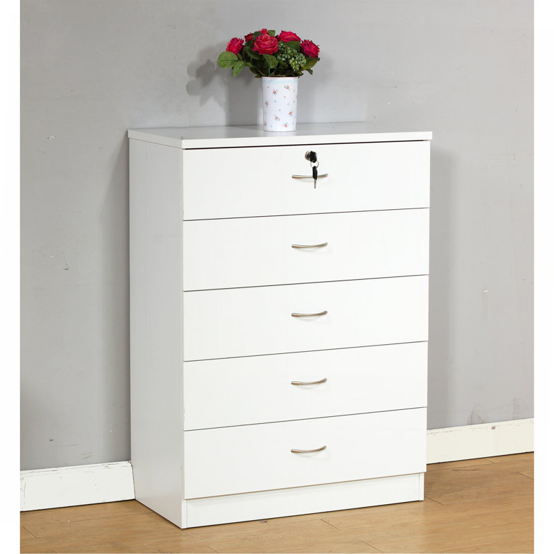 Commode à cinq tiroirs avec poignées en métal et tiroir supérieur verrouillable, Blanc