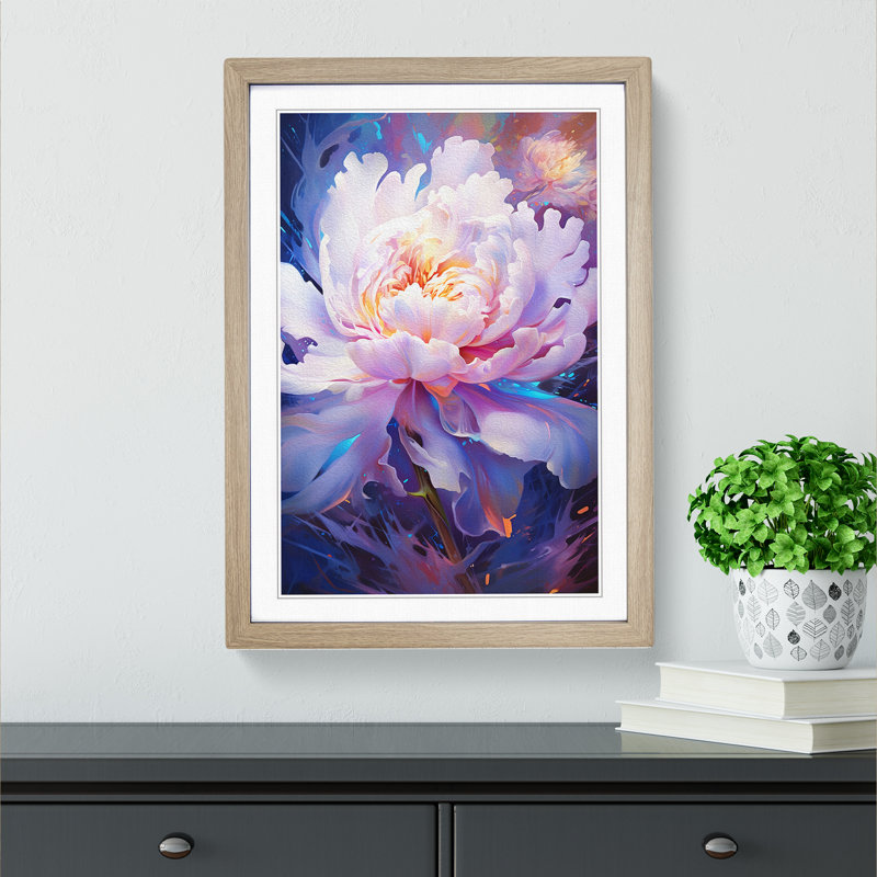 Peony Flower Futurism - Single Picture Frame Print on Wood, 46cm H x 34cm W x 2cm D, Oak Framed