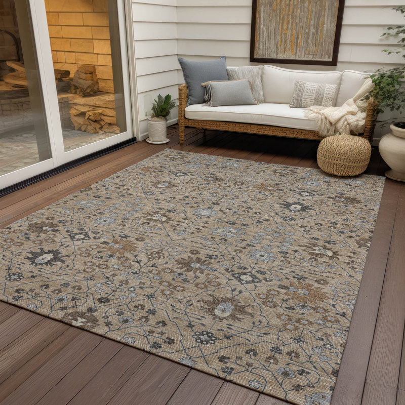 Taupe and Gray Synthetic Washable Rectangular Area Rug