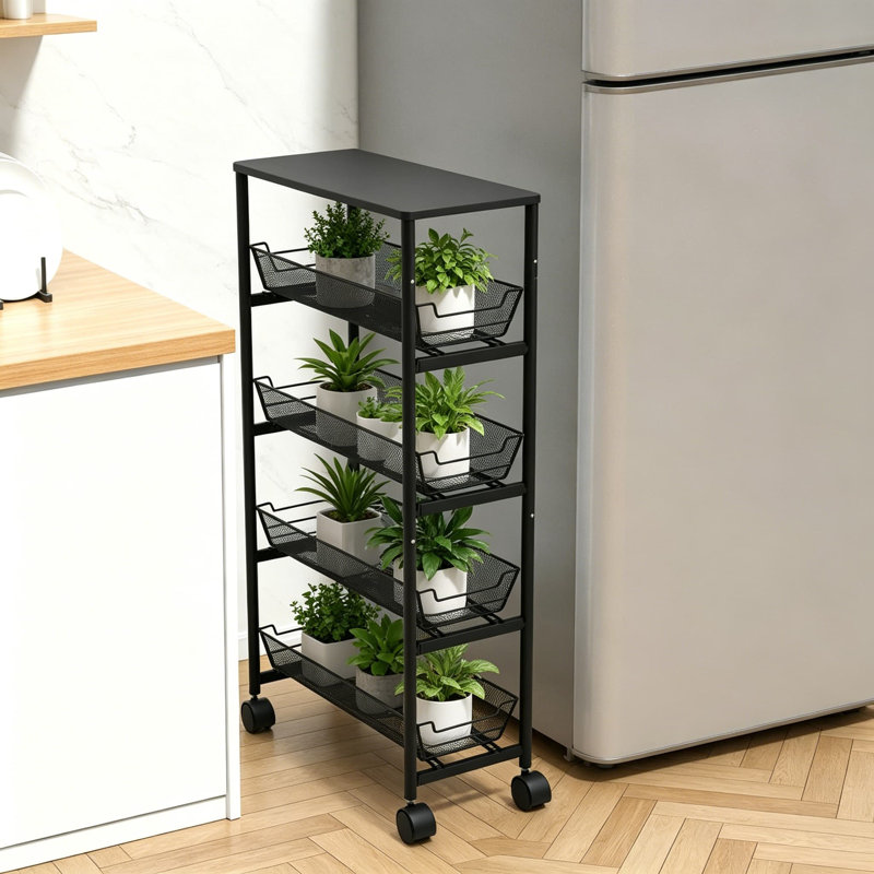 Chariot de rangement mince avec roulettes coulissantes, chariot utilitaire compact à 5 niveaux avec roulettes verrouillables pour l'organisation de la cuisine, de la salle de bain et de la salle de lavage