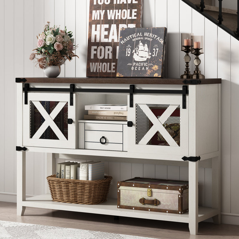 Buffet de 46 po avec 2 portes de grange coulissantes et console de tiroir avec buffet en bois pour le couloir du salon