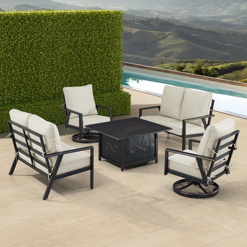 Ensemble de table de foyer en aluminium noir avec deux causeuses et deux fauteuils club CHo Club, Gris clair