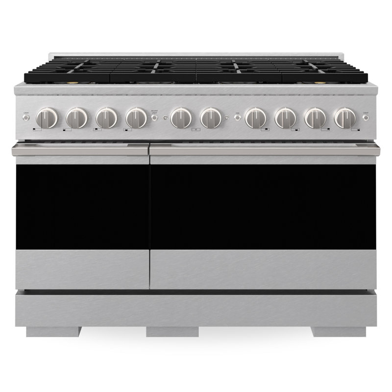 ZLINE Autograph 48 in. Marino Dual Fuel Range with 8 Burner DuoPro Cooktop and Black Accents, Satin Stainless Steel