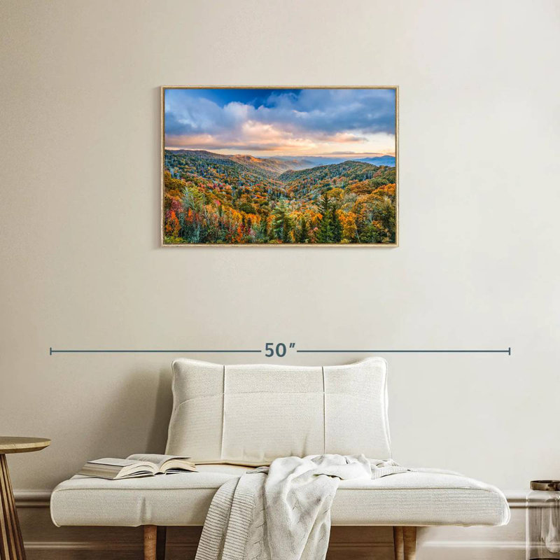 Smoky Mountains at Fall, Cadre flottant en bois naturel, 31 po x 21 po