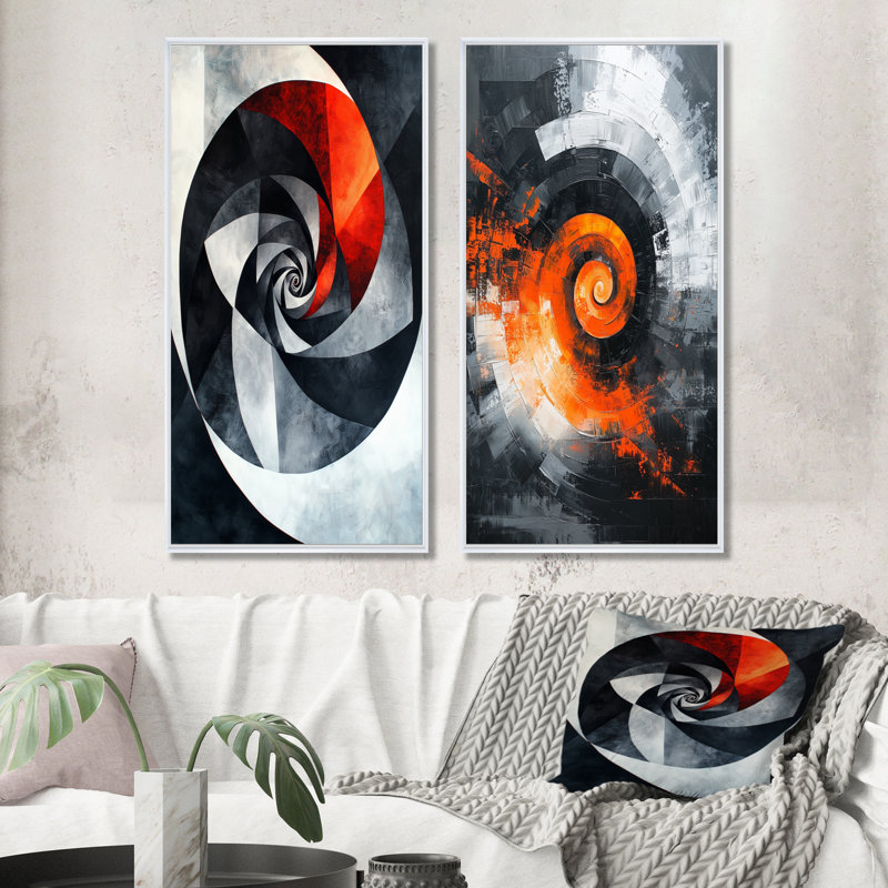 Tornade orange abstraite I - ensemble d'art mural abstrait 2 spirales, H 32 po x l 32 po, Cadre flottant blanc
