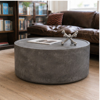 31.5" Round Coffee Table with Faux Concrete Finish for Living Room, Modern Drum Circle Coffee Table for Living Room, No Need Assembly (Concrete Gray), Stone Gray