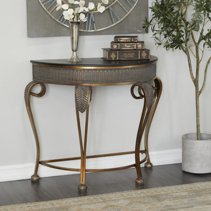 Gold Metal Demilune Console Table with Ornate Scroll Legs