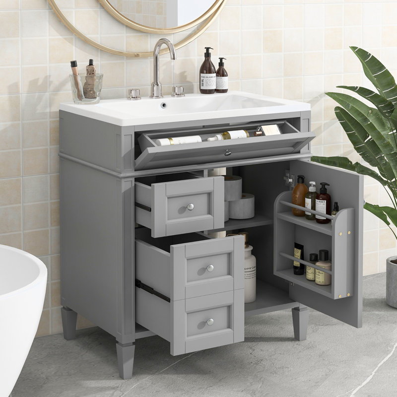Dylnn Freestanding Bathroom Cabinet,30'' Bathroom Vanity with Top Sink with 2 Drawers and a Tip-out Drawer , Gray/Silver