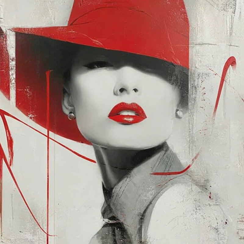 Impression sur toile «Red Elegance II» - Dame sophistiquée avec chapeau rouge, H 20 po x l 20 po
