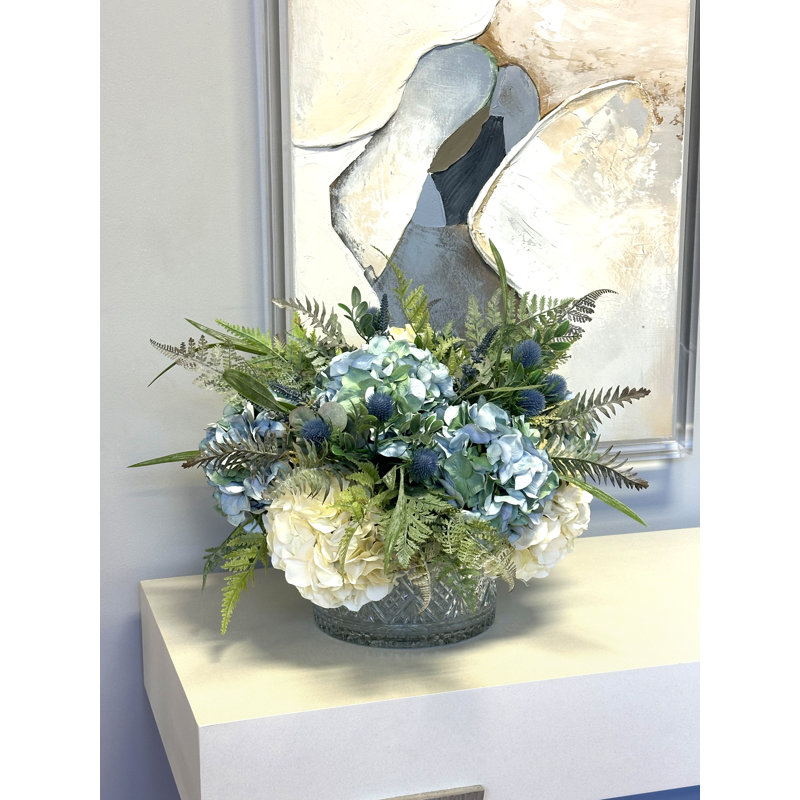 Betsy Miller Hydrangea Floral Arrangement in Glass Vase, Blue/Green