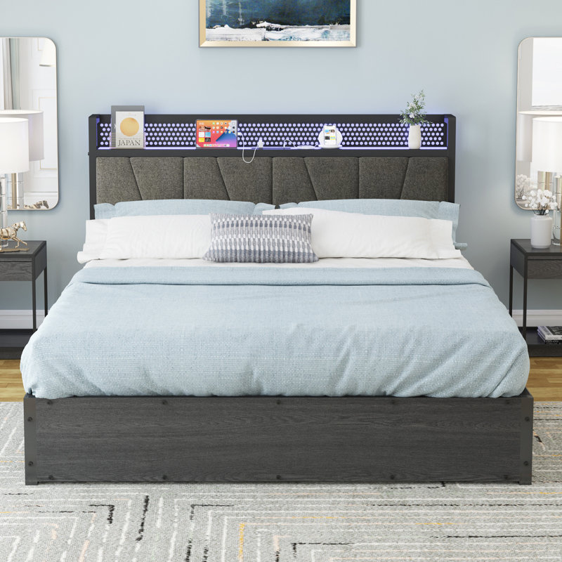 Shila Lift Up Bed with Linen Upholstered & LED Storage Headboard, Queen, Black