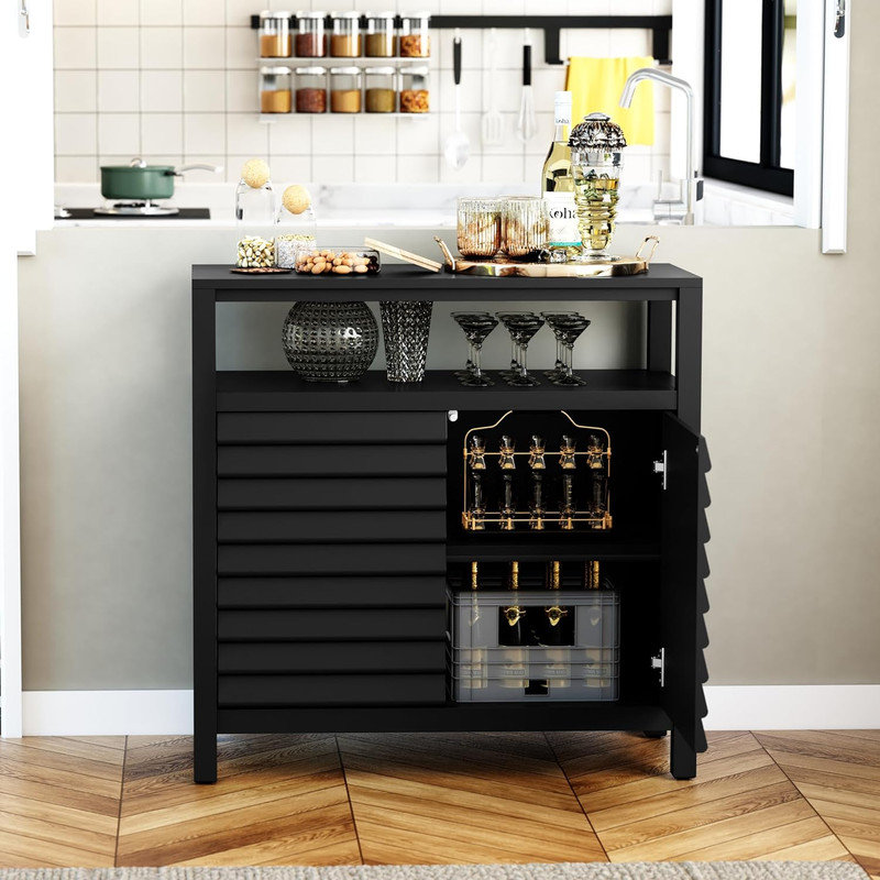 Black Louvered Door Accent Cabinet with Open Shelf