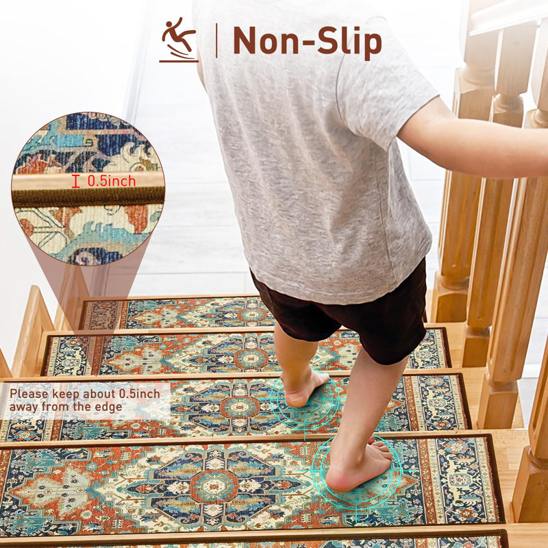 Oriental Red and Blue Polyester Non-Slip Stair Treads, 15 Pack
