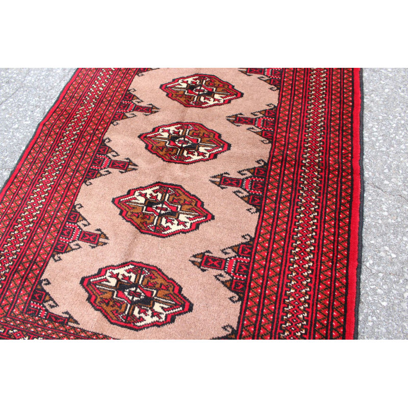 Tapis unique en laine noué à la main des années 1940 de 2 pi 8 po x 3 pi 8 po en rouge / beige / rose