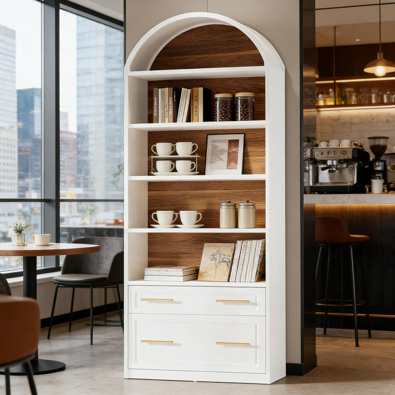 Utilitarian Design Arched Bookcase Two-Tone Sturdy Anti-tip Bookshelf, Oak,White