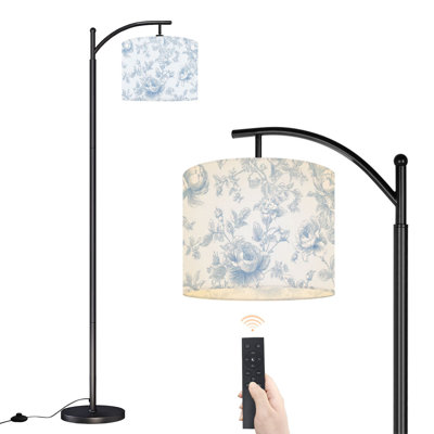 Lampe sur pied en arc à motif floral bleu et blanc sans couture avec plantes textiles et plantes grimpantes avec lampes à DEL et abat-jour réglables