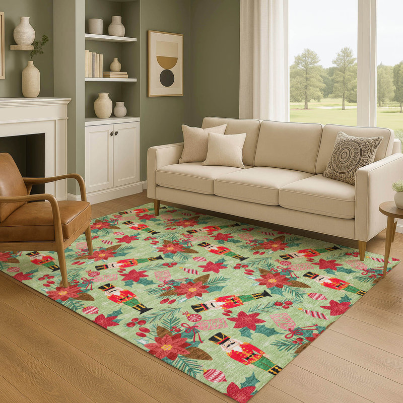 Premium Machine Washable Dockside AMF1822 Nutcracker and Poinsettia Rug, Rectangle 10' x 14'