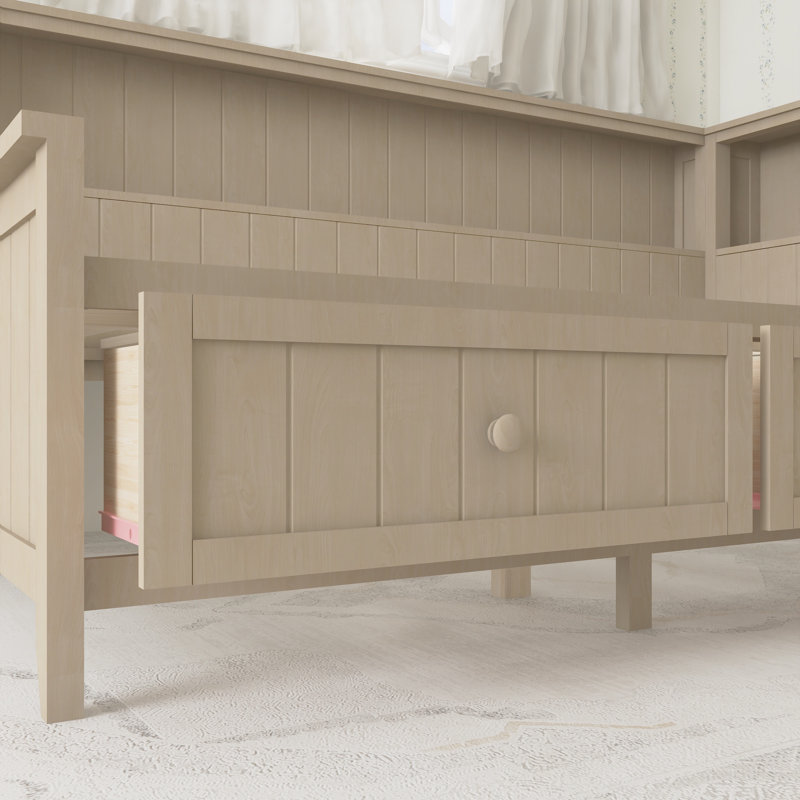 Lit de jour en bois avec tablettes de rangement, 3 tiroirs et 2 portes coulissantes, Lit simple