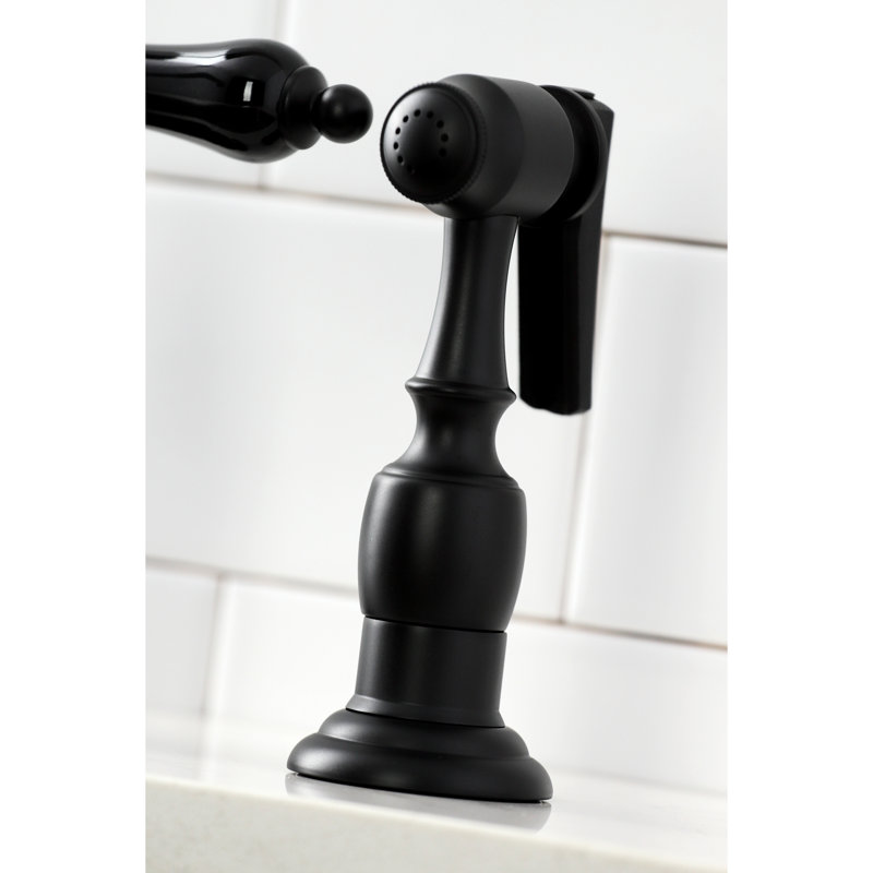 Kingston Brass Duchess Two-Handle 4-Hole Deck Mount Bridge Kitchen Faucet with Brass Side Sprayer, Matte Black
