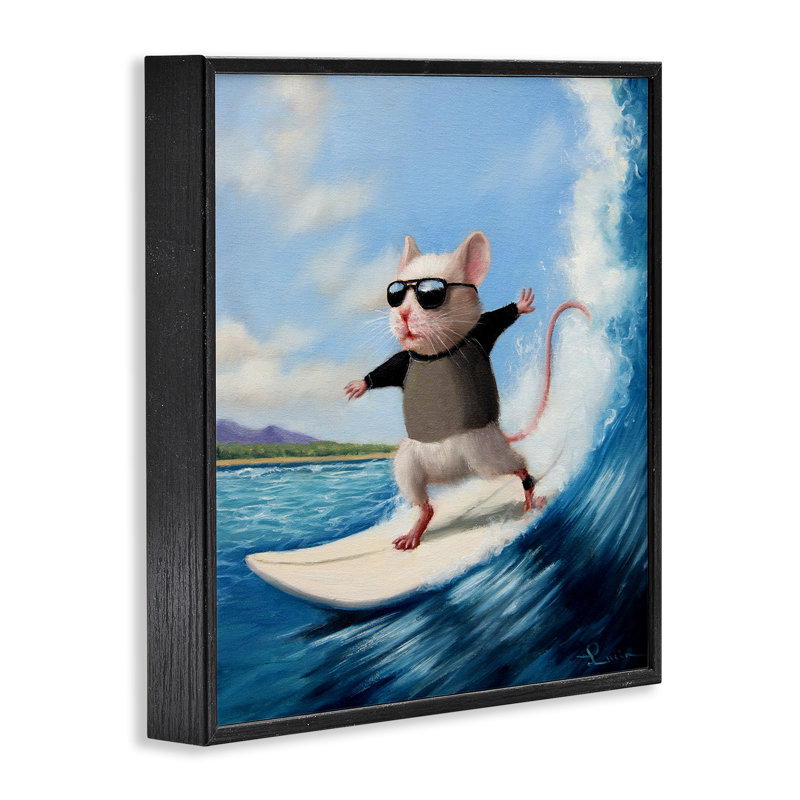«Cool Surfer Mouse» par Lucia Heffernan, L 17 po x H 17 po, Giclée encadrée noir minuit