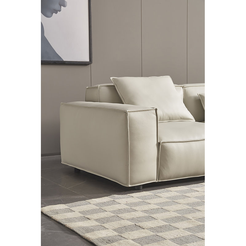 Light Gray Full Leather Chair with Wooden Legs