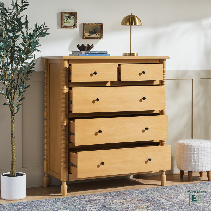 Vivienne Easy Assembly Solid Wood Spindle 5-Drawer Dresser, Natural
