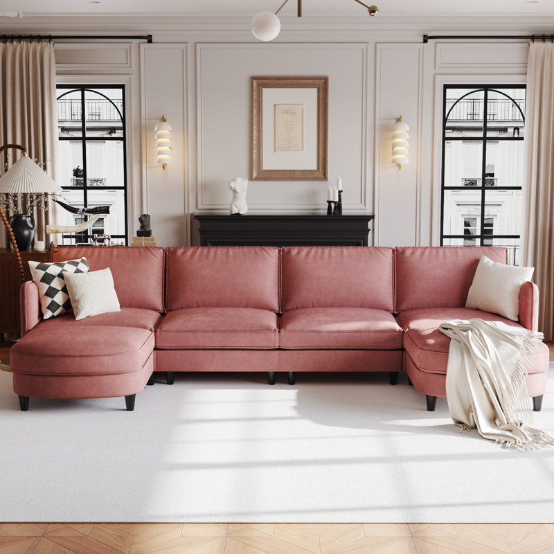 141.5'' Wide U-Shaped 6-Seater Sofa with Storage Pockets, Red Polyester