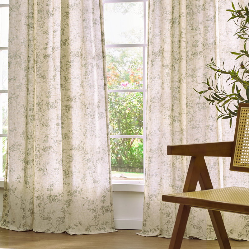 Paire de rideaux semi-transparents en mélange de lin à imprimé floral avec passe-tringle, Vert, L 50 po x L 96 po