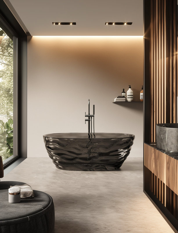 Baignoire de trempage autoportante en résine transparente de 67 pouces noire