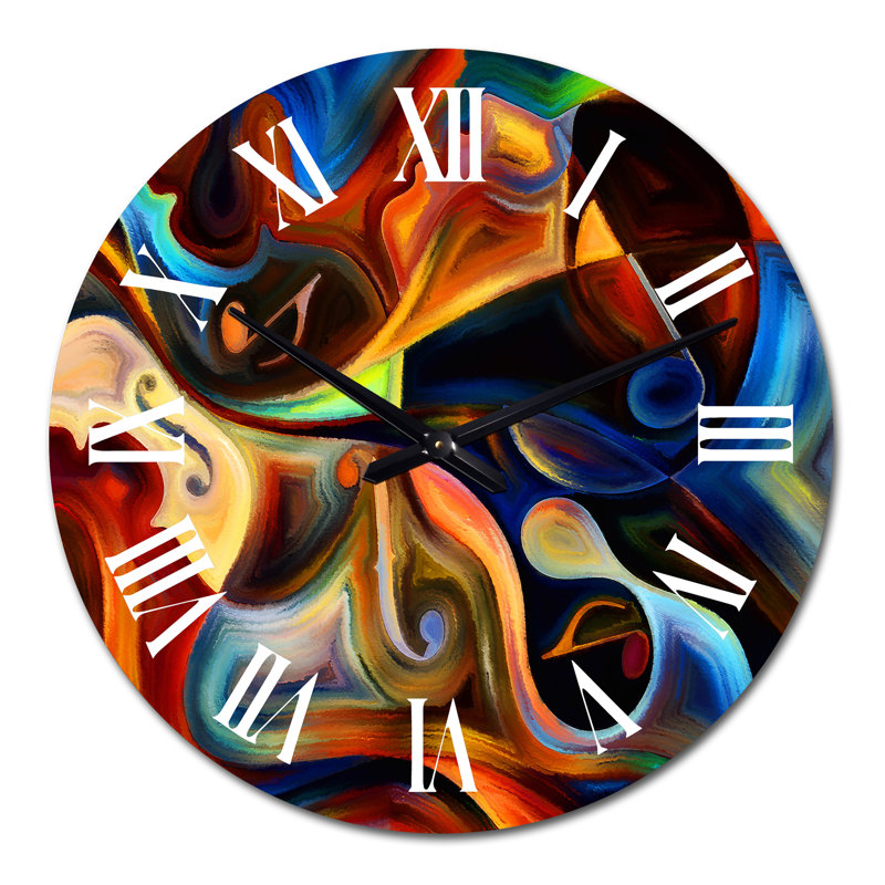 Bleu, orange, jaune et dynamique sur fond noir - horloge murale moderne, Grand