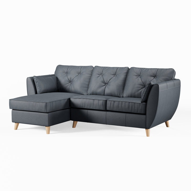 Hoxton 3 Seater Leather Maxi Sofa Chaise, Left Hand Facing, Navy, Light Wood
